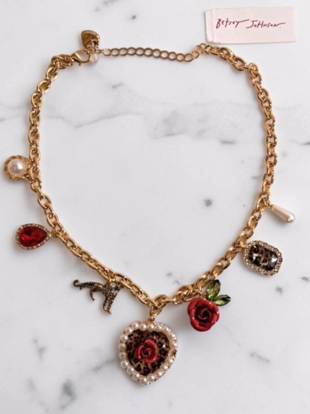 Betsey Johnson Leopard Heart & Red Rose Charm Necklace (See Disc.)